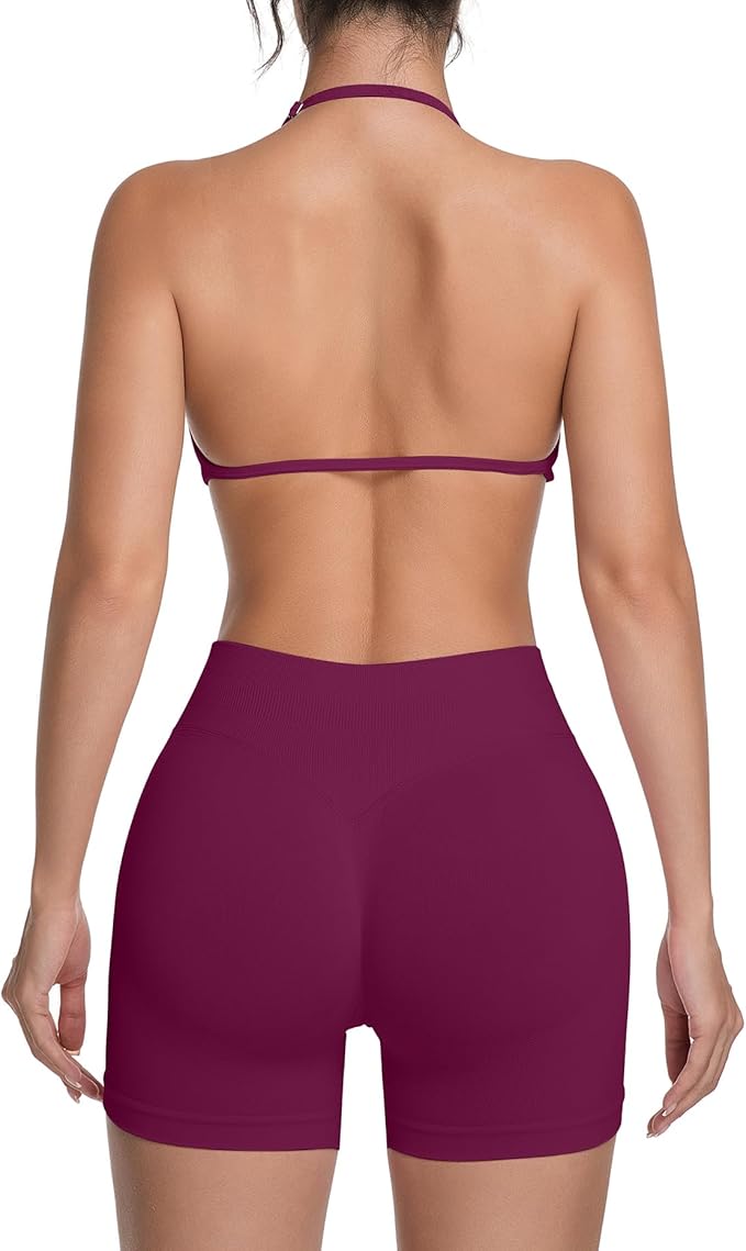 Comper 2 Piece Workout Sets for Women Halter Strappy Sports Bra with Seamless Ribbed Gym Yoga shorts Outfits
