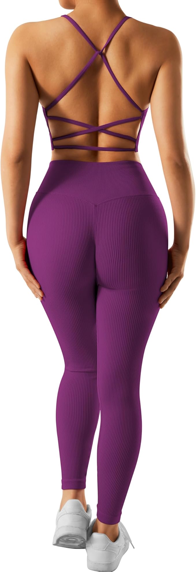 RXRXCOCO Ribbed Workout Sets for Women 2 Piece Backless Strappy Sports Bra Seamless Leggings Matching Set Yoga Outfits