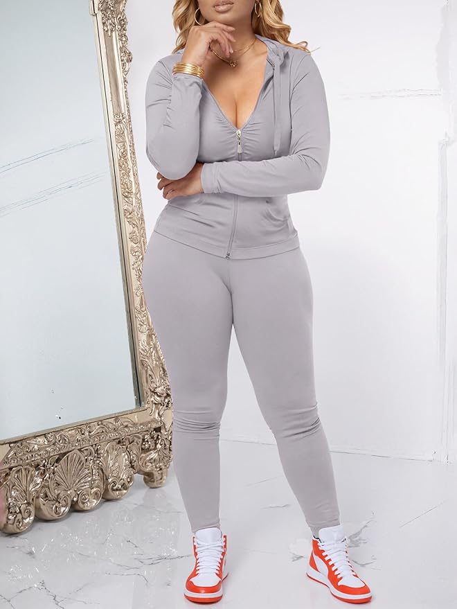AUXDIO Women 2 Piece Outfits Casual Workout Sets Bodycon Tracksuit Zip Up Long Sleeve Hoodle Jacket Jogger Pants Set