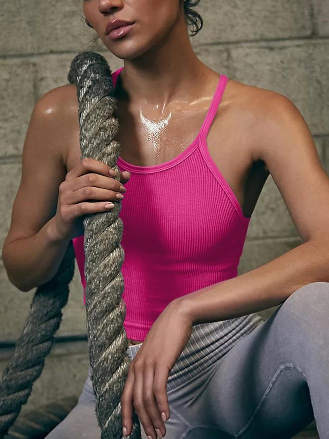 LASLULU Womens Sports Bra Seamless Long Crop Tank Racer Back Spaghetti Strap Workout Yoga Bra Padded Halter Neck Casual Tops