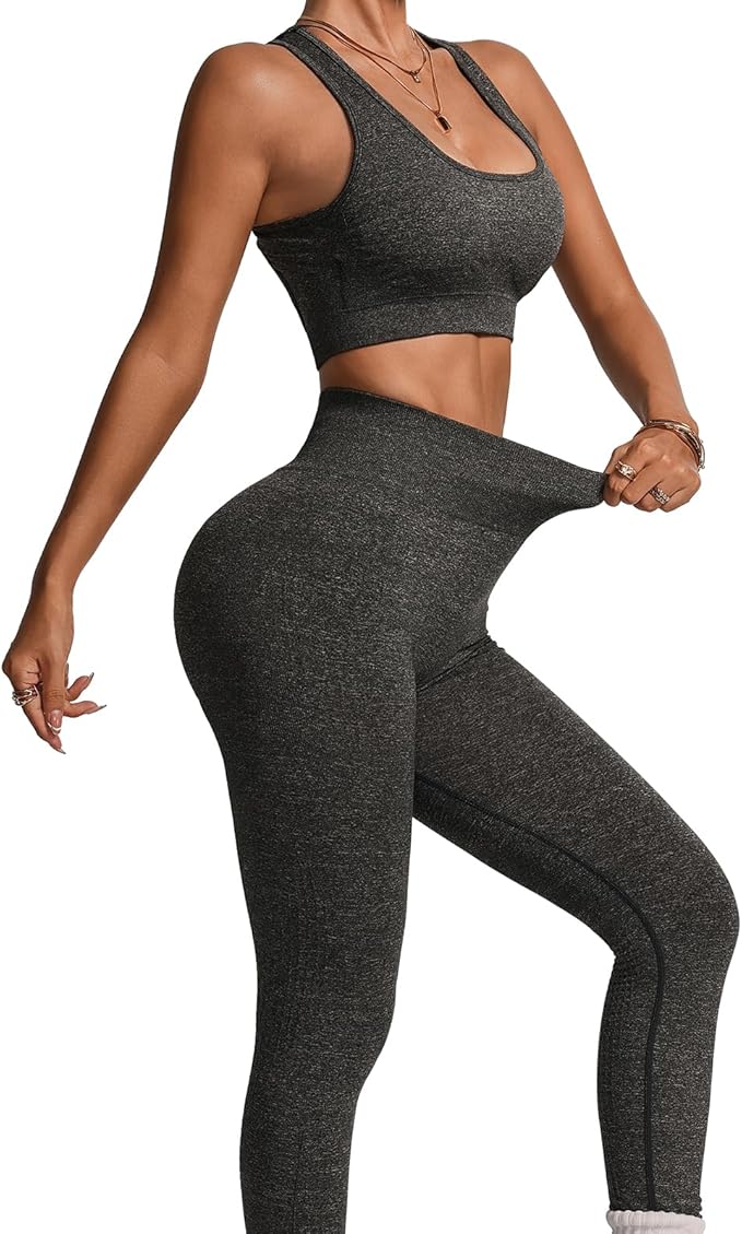 High Stretch Seamless Yoga Set – Gray Sports Bra and Leggings, Breathable Design, Perfect for Gym, Yoga