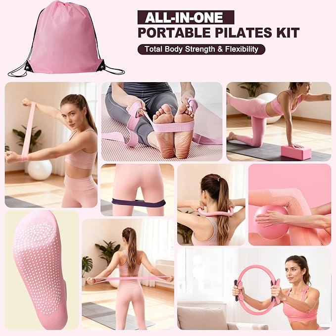 Pilates Kit, Home Pilates Workout Kit for Women, Pilates Equipment with Pilates Ring and Ball, Yoga Block & 5 Resistance Bands, Ankle Weights, Sliders & Grip Socks, Workout Guide Included