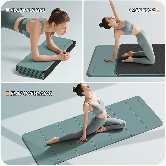 PAIDU Foldable Fitness Yoga Mat | 2/5" (10MM) Extra Thick | SGS Certified Non-Slip TPE | 75x26" Extra Long-Wide | Portable & Easy Store | for Yoga, Pilates, Home Gym & Full-Body Workouts