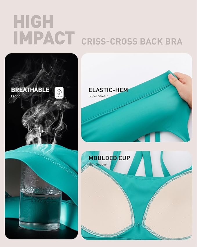 RUNNING GIRL High Impact Sports Bras for Women - Scoop Neck Strappy Sports Bra High Support Moulded Cup Workout Bra