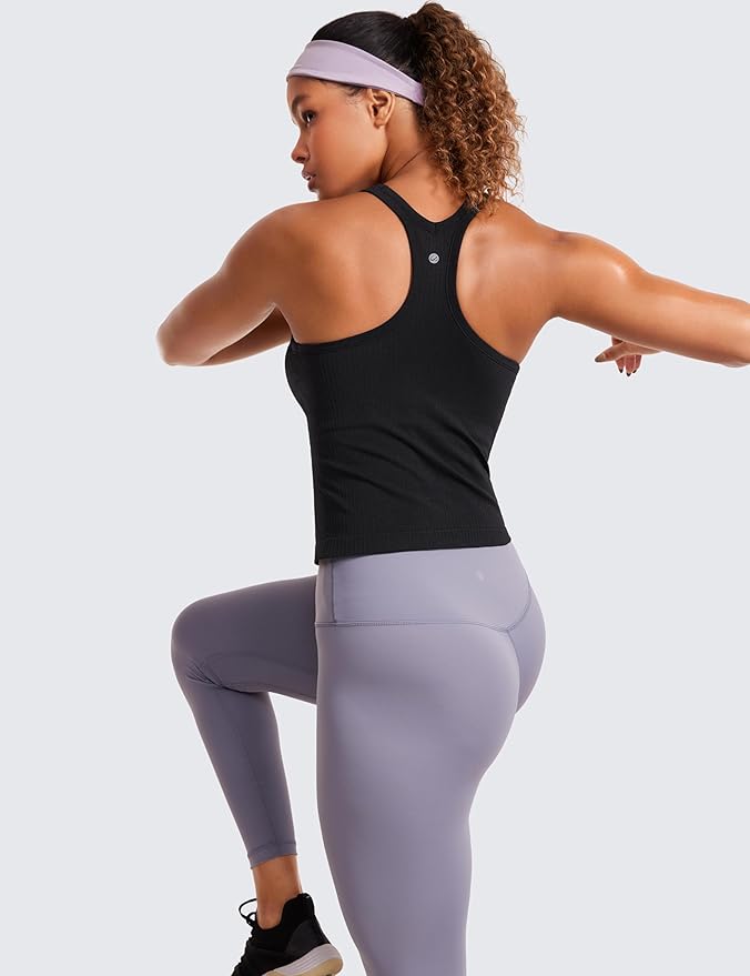 CRZ YOGA Seamless Ribbed Scoop Neck Tank Top for Women - Workout Racerback Padded Athletic Camisole with Built in Bra