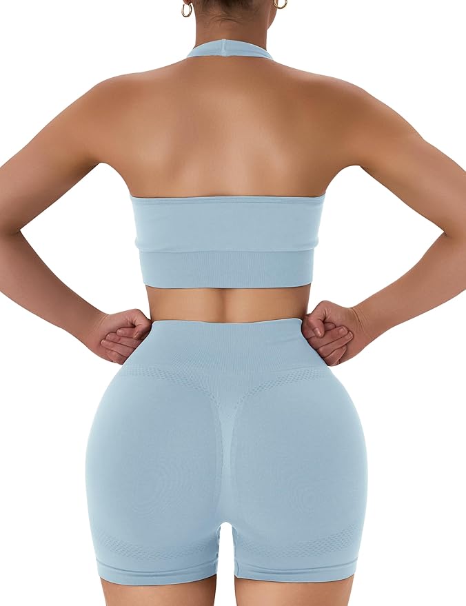 OLCHEE Workout Sets for Women 2 Piece Backless Halter Sports Bra High Waist Booty Shorts Yoga Gym Outfits Lounge Activewear