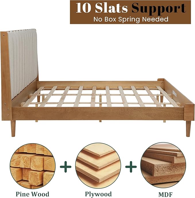 Wood King Size Bed Frame with Upholstered Tufted Headboard, Solid Wood Platform Bed,Mid-Century Style,No Box Spring Required, Easy Assembly,Wheat