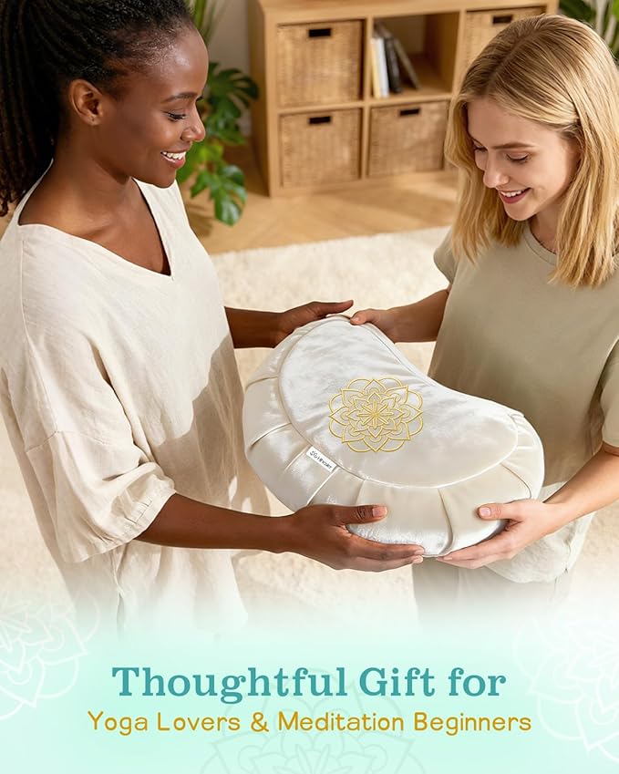 Hihealer Premium Meditation Cushion - Comfortable Floor Pillow for Adult Traditional Crescent Meditation Pillow Yoga Buckwheat Bolster (Cream)