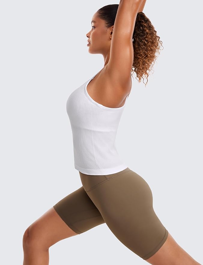 CRZ YOGA Seamless Ribbed Scoop Neck Tank Top for Women - Workout Racerback Padded Athletic Camisole with Built in Bra