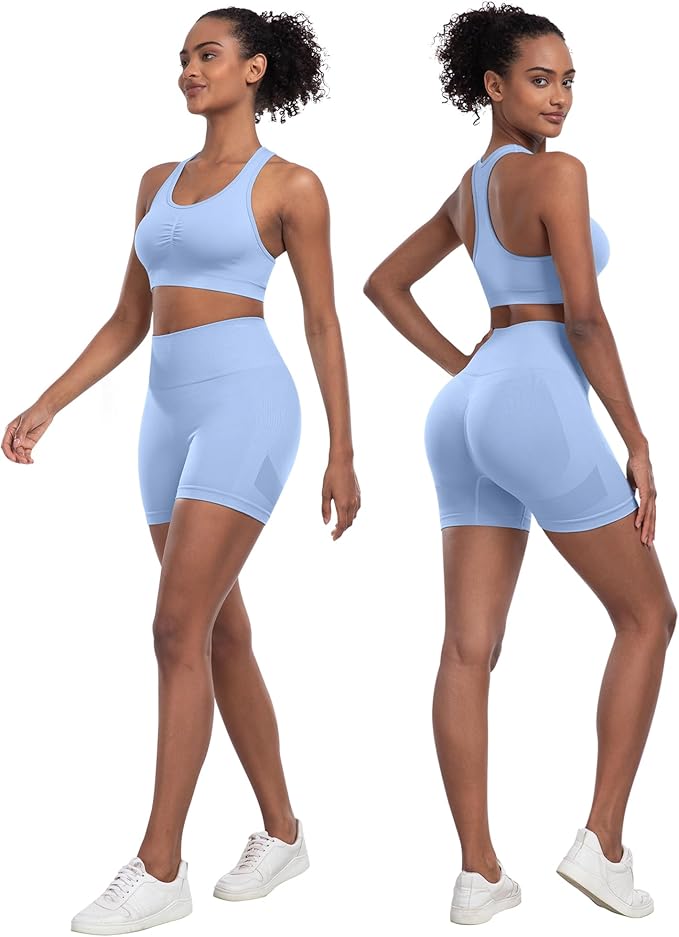 Workout Sets for Women 2 Piece - Seamless Yoga Outfits Shorts and Padded Sports Bra Gym Athletic Clothing Set