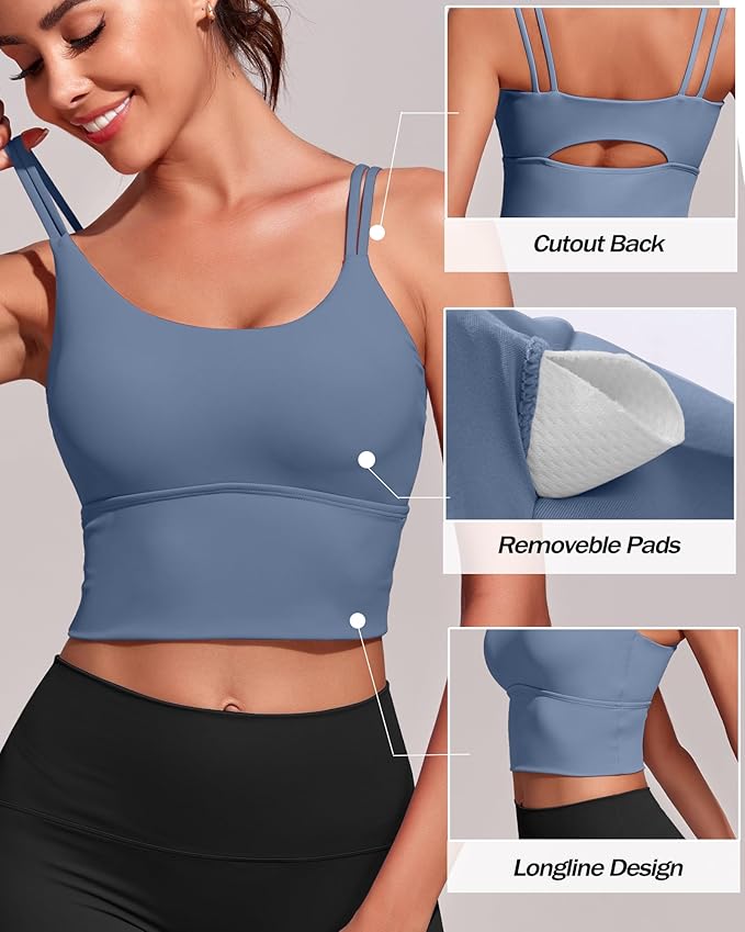 Everrysea Sports Bras for Women High Support Longline Workout Tank Tops Built in Bra Strappy Yoga Padded Crop Top