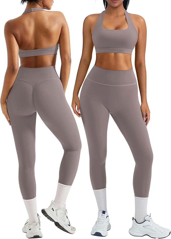 OMKAGI 2 Piece Workout Sets for Women Halter Sports Bras Gym Sets Booty Leggings Outfits