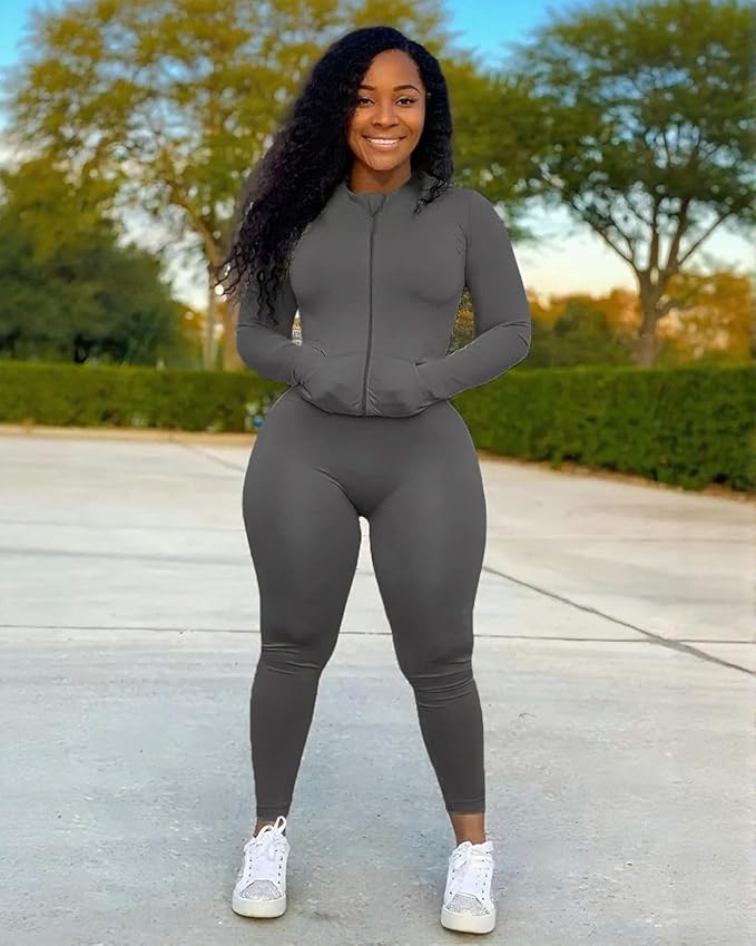 UOUA Two Piece Outfits Women Tracksuit Sets Long Sleeve Zip Up Jacket & Leggings for Gym Workout Set