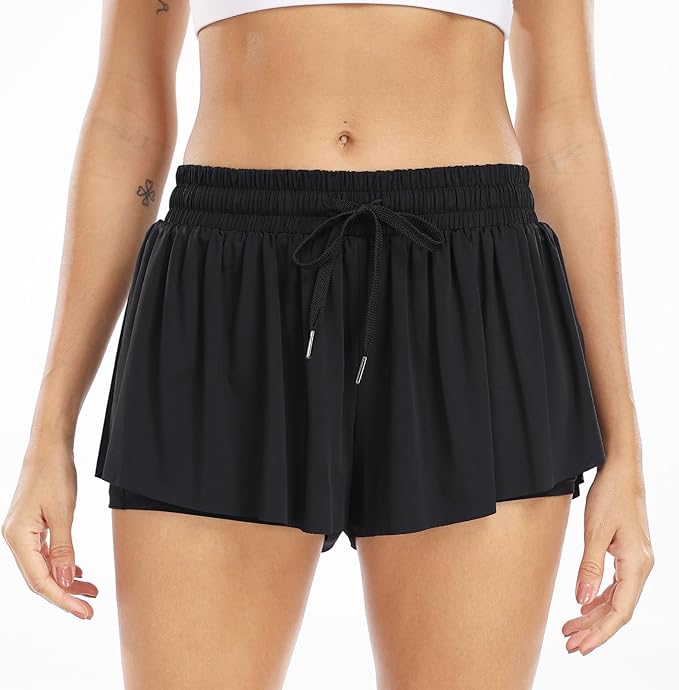 Wsirmet Flowy Shorts for Women Butterfly Shorts 2 in 1 Athletic Workout Gym Biker Running Shorts with Pockets