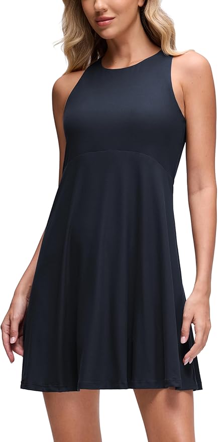 CRZ YOGA Cloudweight Double Layer Midi Dress for Women - Crewneck Flowy Tank Top Sleeveless Outfits for Casual Travel