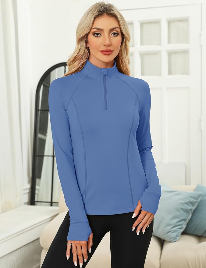 LOMON Women's Long Sleeve Athletic Tops Quarter Zip Workout Shirts Turtle Neck Fall Compression Shirt with Thumb Hole