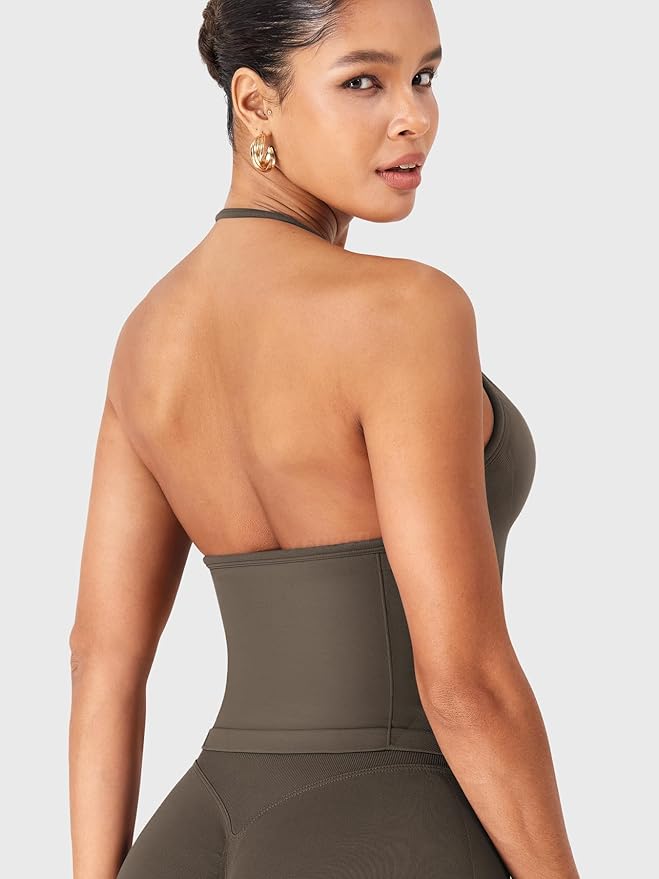 YEOREO SoftHue Impact Longline Strappy Top Women's Halter Workout Tank Tops Backless Gym Longline with Adjustable Strap