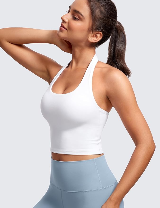 CRZ YOGA Butterluxe Halter Crop Tank Tops for Women - Open Back Padded Longline Sports Bras Workout Gym