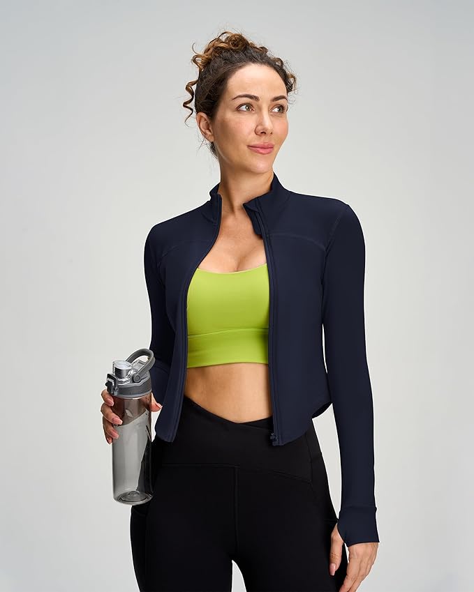 Women BBL Jacket Full Zip UP Workout Athletic Cropped Jacket wIth Thumb Holes Running Yoga Sportswear