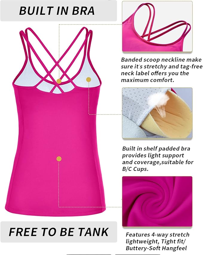 RUNNING GIRL Yoga Tank Tops for Women Built in Shelf Bra B/C Cups Strappy Back Activewear Workout Compression Tops