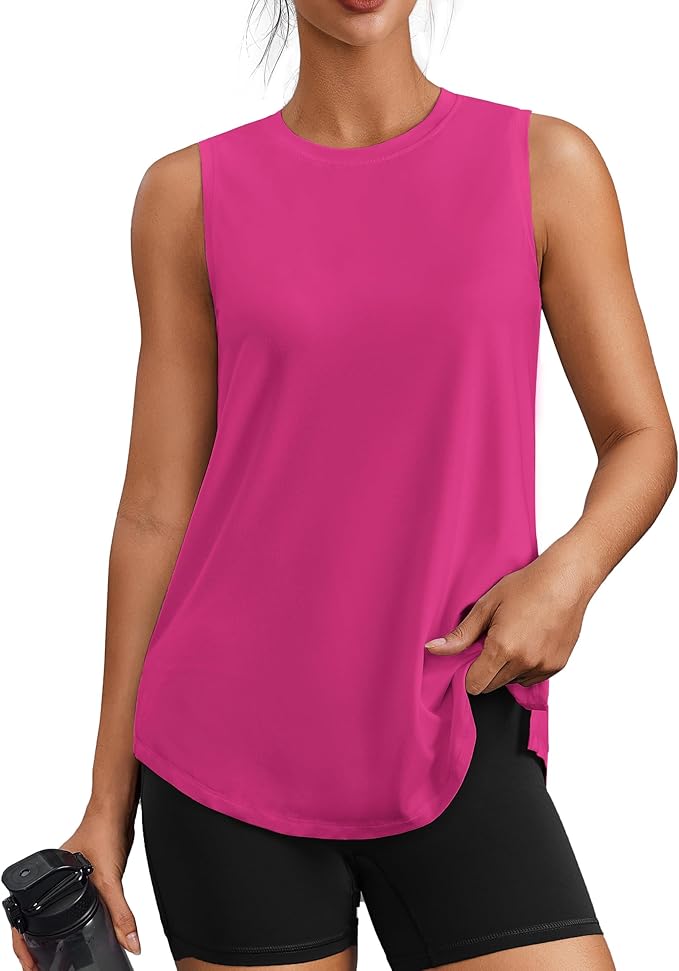 PINSPARK Workout Tops for Women Sleeveless Athletic Tank Tops UPF 50+ Running Tanks with Side Slits Loose Fit Gym Yoga Shirt