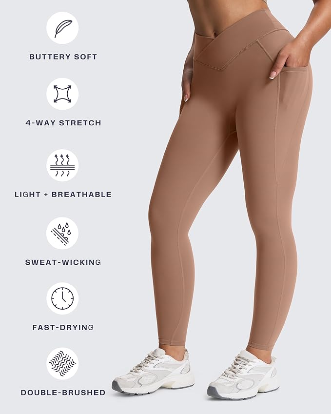 Aoxjox Women's Trinity High Waisted Yoga Pants with Pockets Cross-Waist Tummy Control Buttery Soft Workout Leggings 26"