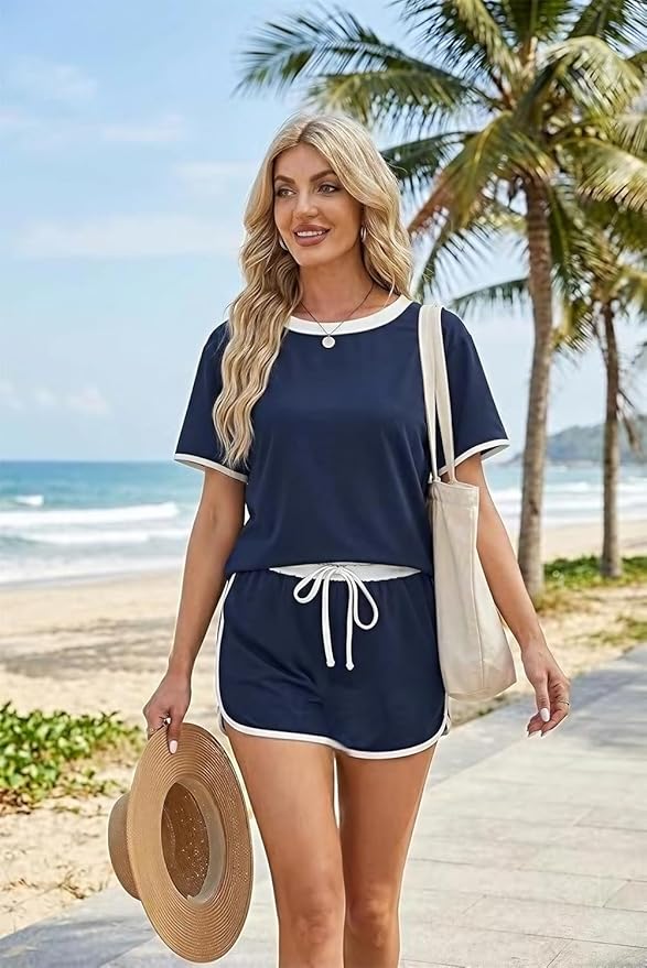 Opemiby Womens 2 Piece Skort Set 2026 Color Block Short Sleeve Top Drawstring Skort Matching Sets Casual Lounge Summer Outfit