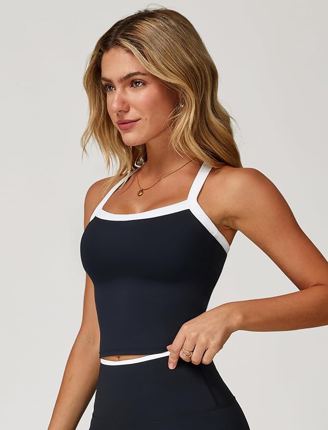 QBGJTD Womens Longline Sports Bras Cross Back Active Gym Yoga Padded Workout Crop Tank Top with Built in Bra