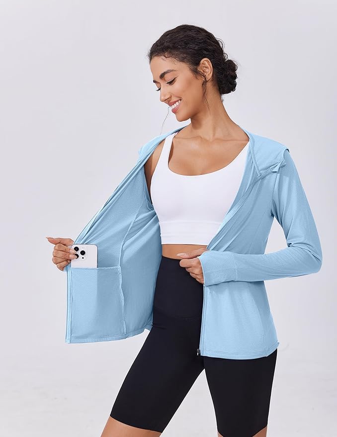 PINSPARK Women's UPF 50+ Sun Protection Hoodie Jacket Lightweight Full Zip Athletic Jacket Long Sleeve Shirt with Pockets