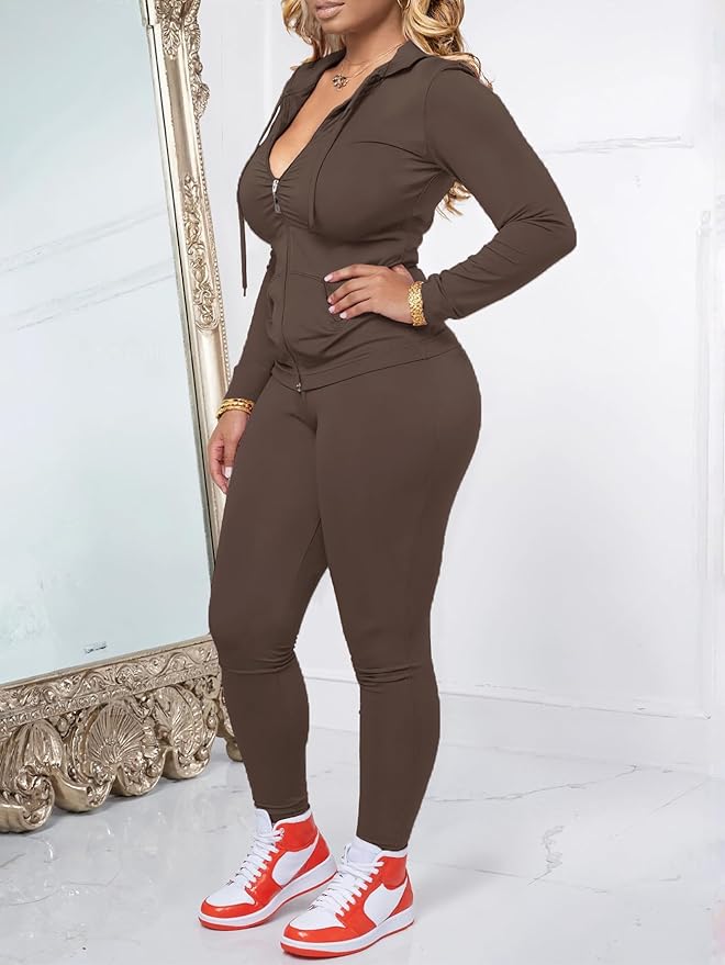 AUXDIO Women 2 Piece Outfits Casual Workout Sets Bodycon Tracksuit Zip Up Long Sleeve Hoodle Jacket Jogger Pants Set