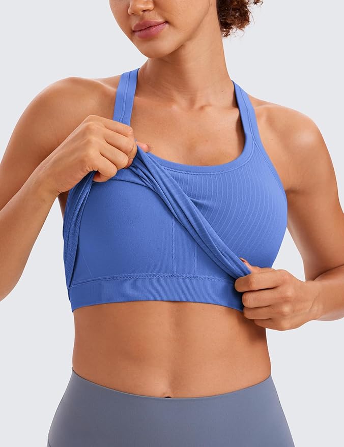 CRZ YOGA Seamless Ribbed Scoop Neck Tank Top for Women - Workout Racerback Padded Athletic Camisole with Built in Bra