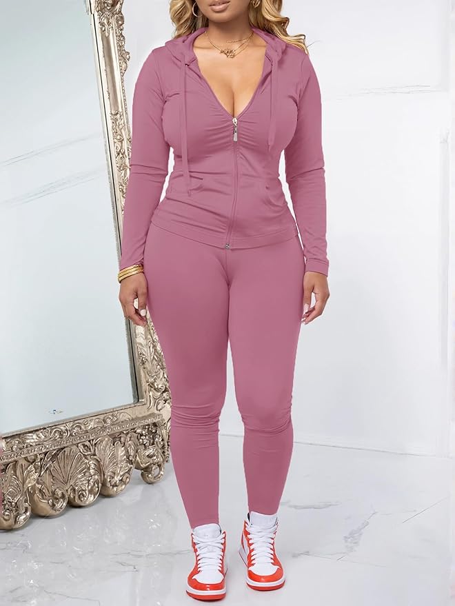 AUXDIO Women 2 Piece Outfits Casual Workout Sets Bodycon Tracksuit Zip Up Long Sleeve Hoodle Jacket Jogger Pants Set
