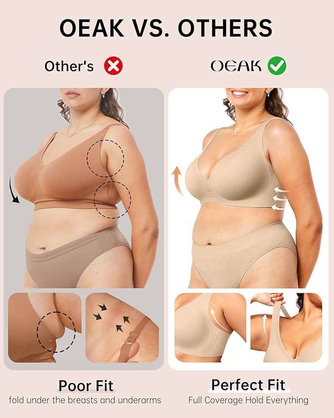 OEAK Womens Deep V Bras Wireless Comfortable Bra Supportive No Underwire Bras Tshirt Push Up Bralettes Plunge Seamless Bra