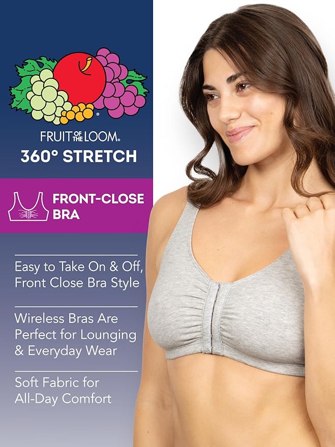 Fruit of the Loom Women's 96014PK Comfort Cotton Blend Front Close Sports Bra 2 Pack