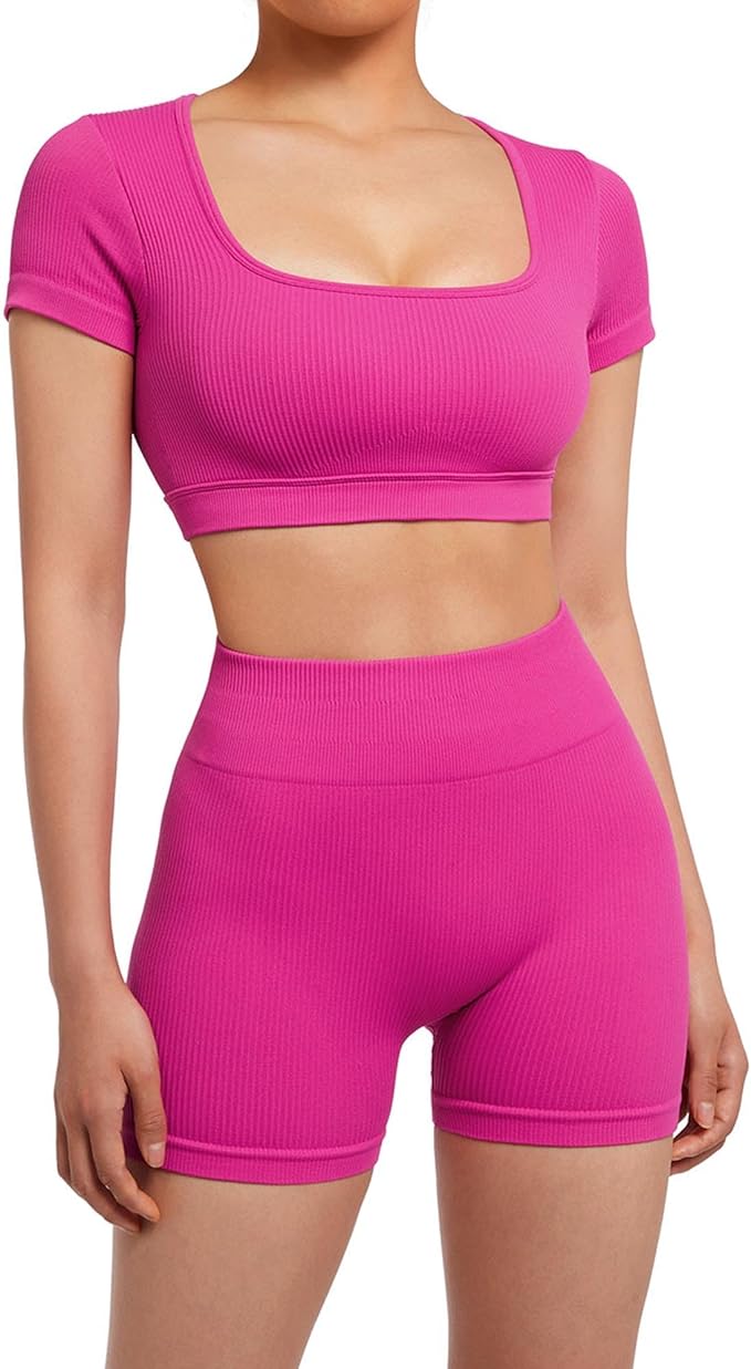 SUUKSESS Womens Workout Sets Open Back Gym Sets Woman Yoga Pilates Crop Tank High Waisted Bike Shorts