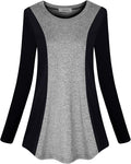 Womens Crewneck Long Sleeve Athletic Shirts Color Block Trendy Casual Workout Tops