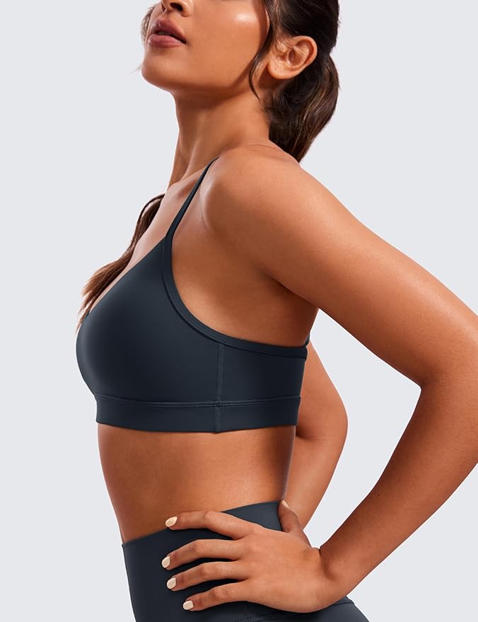 CRZ YOGA Butterluxe V-Neck Sports Bras for Women - Adjustable Thin Straps Padded Yoga Top Basic Wireless Camisole