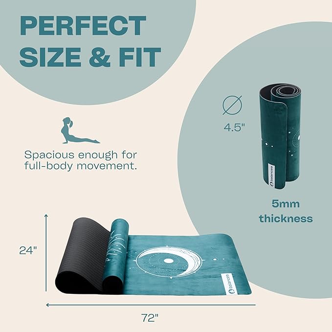 Yoga Mat With Strap 5mm Non Slip Suede & TPE - Eco-Friendly Fitness & Exercise Mat for Home Gym, Pilates, Hot Yoga, and Meditation - Lightweight Durable 72 x 24 inch Workout Mat for Women, Men
