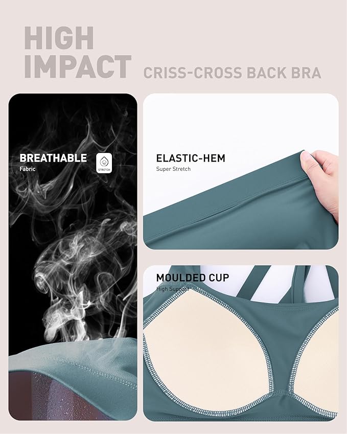 RUNNING GIRL High Impact Sports Bras for Women - Scoop Neck Strappy Sports Bra High Support Moulded Cup Workout Bra