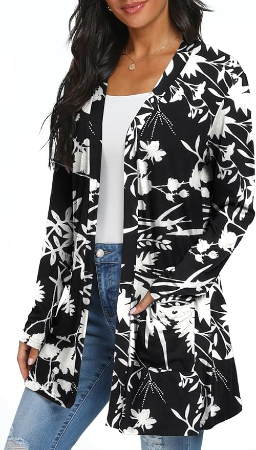 Womens Casual Lightweight with Pocketes Long Sleeve Open Front Cardigan