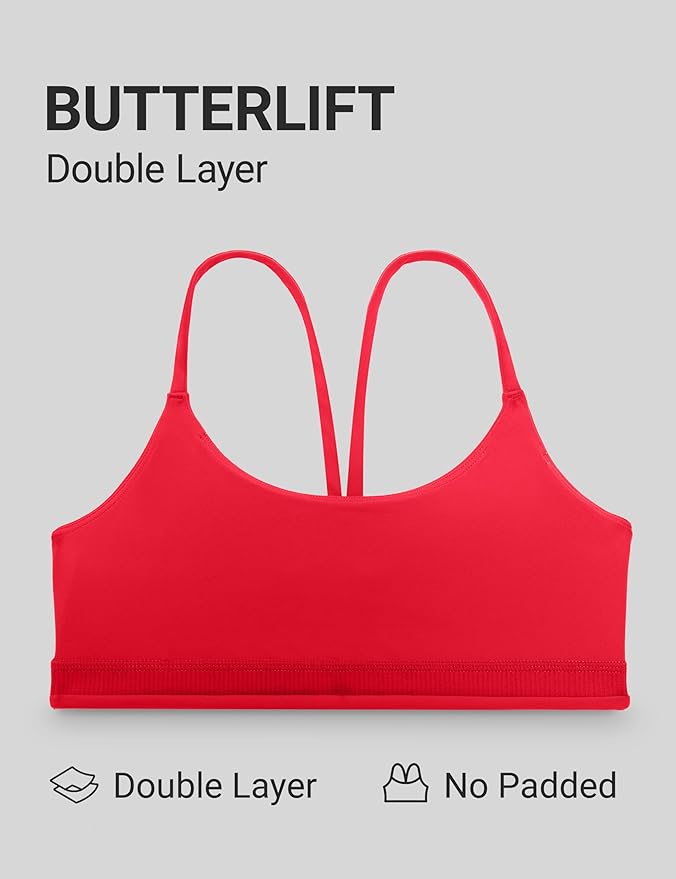 CRZ YOGA Butterlift Double Lined V Back Sports Bras for Women - Scoop Neck Spaghetti Strap Wireless Yoga Top Non Padded