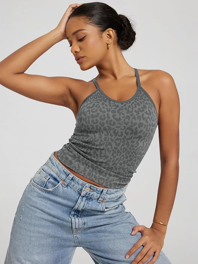 ODODOS Women's Crop 3-Pack Seamless Rib-Knit Camisole Crop Tank Tops