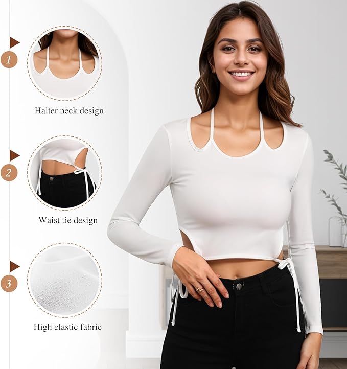 JBT Halter Neck Long Sleeve Strap Yoga Wear, Unique Waist & Strap Design, Comfortable & Breathable for Activewear