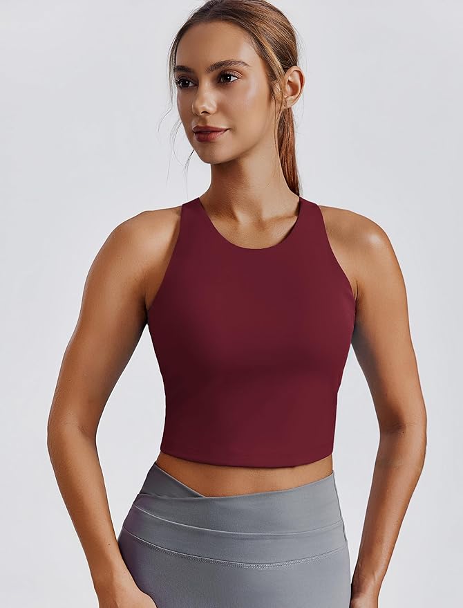 PINSPARK Women Sports Bra High Neck Racerback Workout Crop Tank Top Longline Padded Yoga Tops with Built in Pads