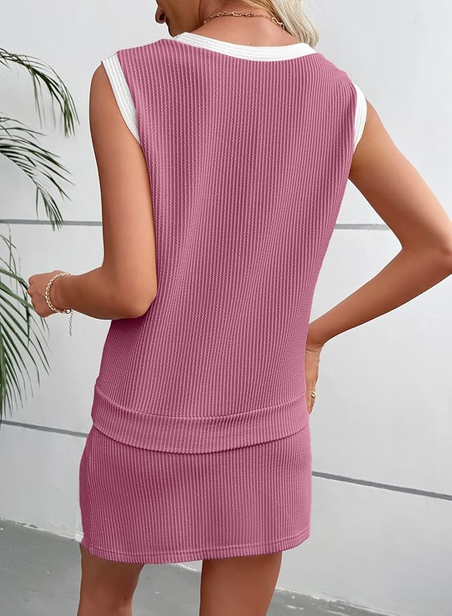 EVALESS 2 Piece Sets for Women Summer Outfits Ribbed Knit Tank Top and Split Lined Skirt Two Pieces Lounge Matching Set
