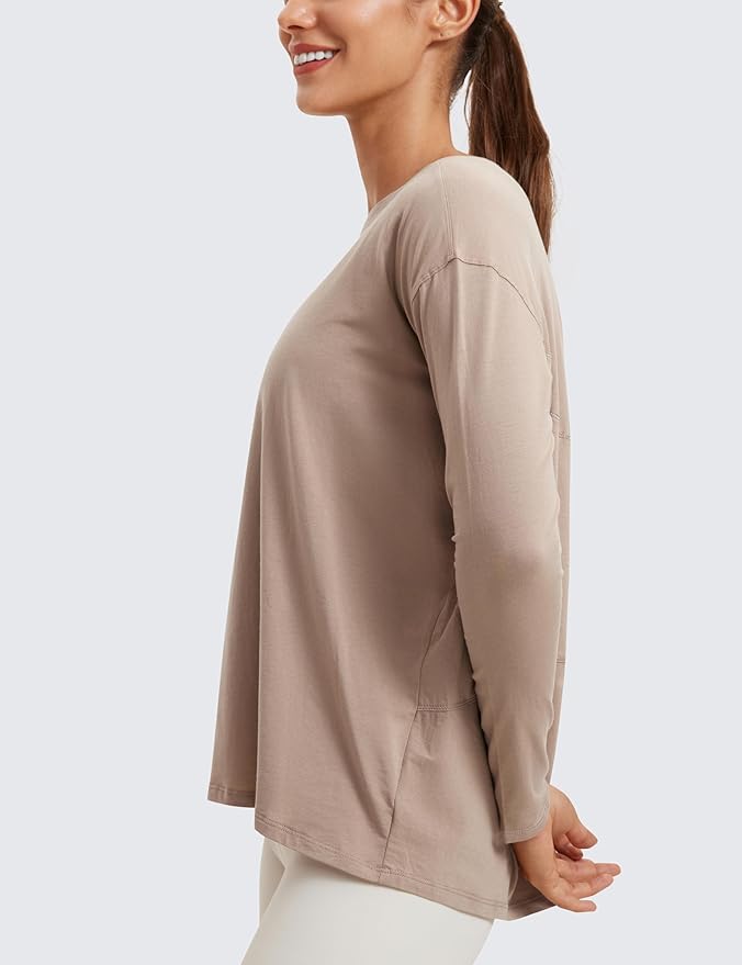 CRZ YOGA Pima Cotton Boat Neck Long Sleeve Shirts for Women - Workout Athletic Yoga Casual Tops Loose Fit Fall T-Shirts