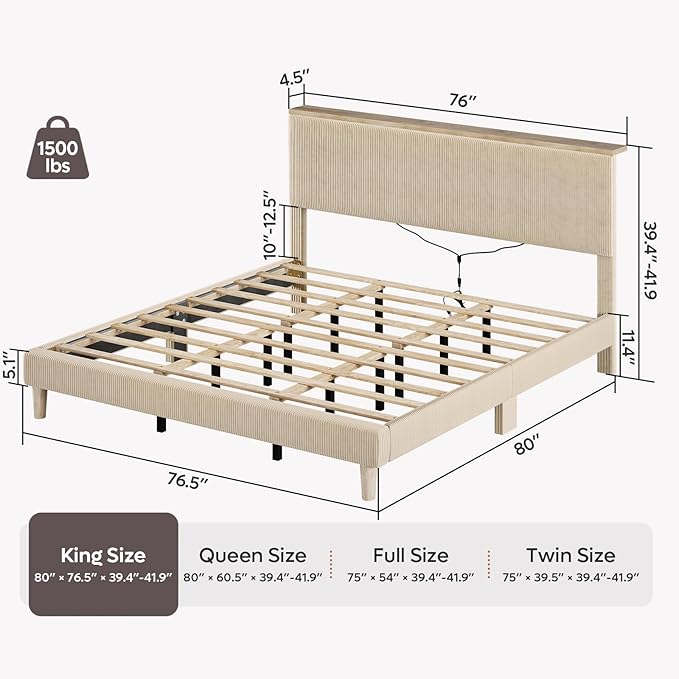 Bestier King Bed Frame with Adjustable Headboard & LED Lighting, Corduroy Upholstered Platform Bed Frame with Storage Shelf, Solid Wood Slats, No Box Spring Needed,Never Squeak, Easy Assembly, Taupe