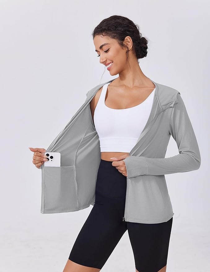 PINSPARK Women's UPF 50+ Sun Protection Hoodie Jacket Lightweight Full Zip Athletic Jacket Long Sleeve Shirt with Pockets