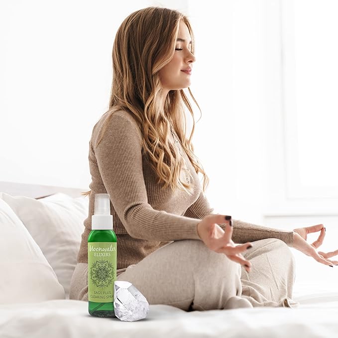 White Sage Smudge Spray for Spiritual Cleansing & Aura Protection, Sage Spray for Cleansing Negative Energy & Protection, Home & Meditation, Clear Quartz Reiki Energized Aromatherapy Room Mist 2X 4oz