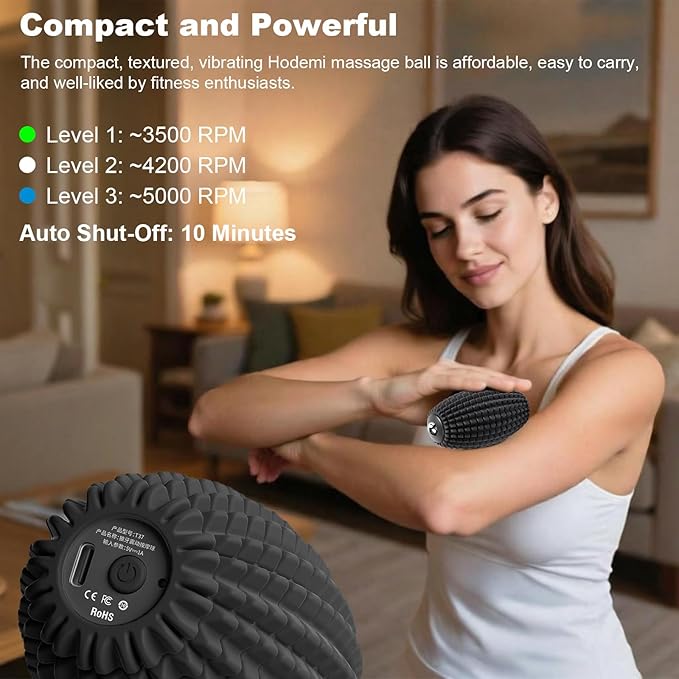HODEMI Vibrating Massage Ball Roller with Rolling Head for Foot & Muscle Relaxation, Electric Massage Ball with 3 Speeds for Myofascial Release, Sports Recovery, Yoga & Fitness (Black)